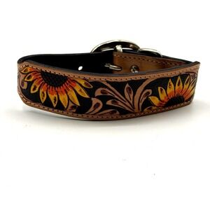 Myra Bag Zoomper Sunflower Hand Tooled Leather Dog Collar Small Black Tan